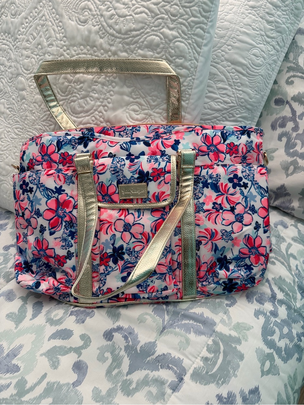Lilly Pulitzer Pink and Navy Floral Tote with Gold Accents